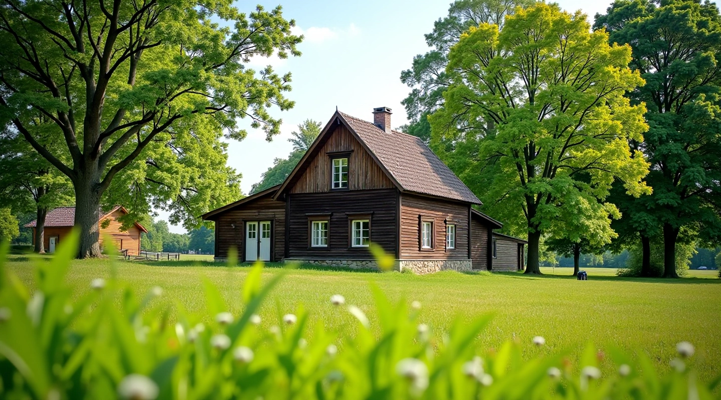 Historic wooden farmhouse with traditional architecture set among green trees and grassy pathways