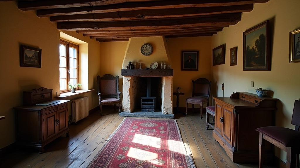 Interior of a restored traditional Lithuanian farmhouse showing wooden beams, period furniture, and a traditional hearth