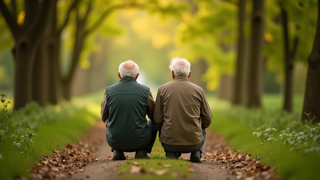Senior couple walking together on a peaceful woodland trail lined with mature oak and pine trees, dappled sunlight on the path
