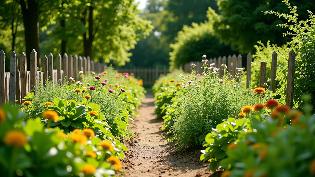 Garden path lined with flowering plants and vegetables, traditional fencing, and cultivated heritage gardens