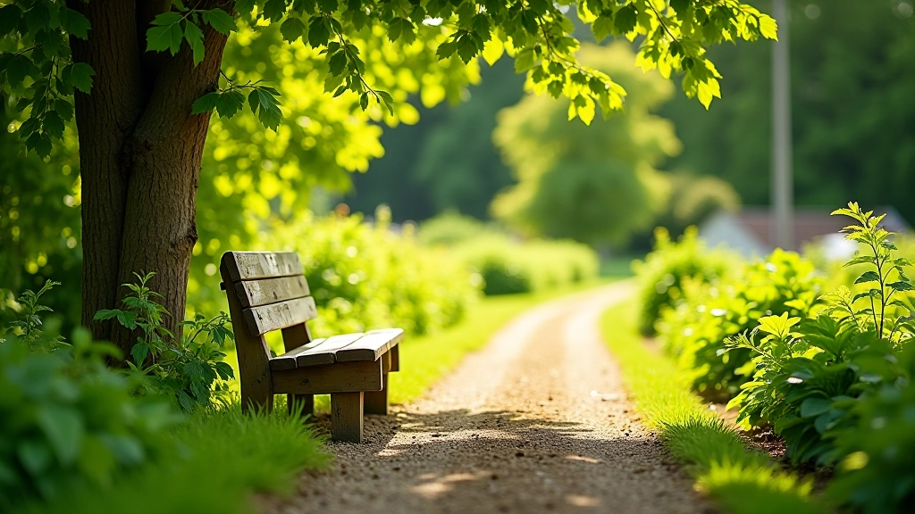 Wooden bench on shaded garden path, dappled sunlight through trees, heritage vegetables growing nearby