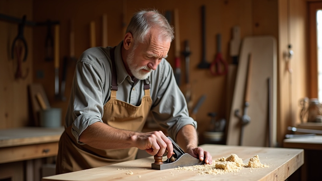 Woodworker demonstrating hand tool techniques on timber in traditional carpentry workshop setting